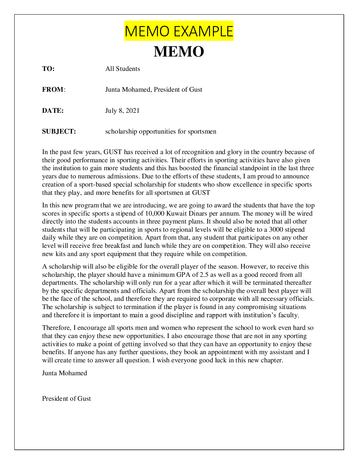 Preview image for MEMO EXAMPLE